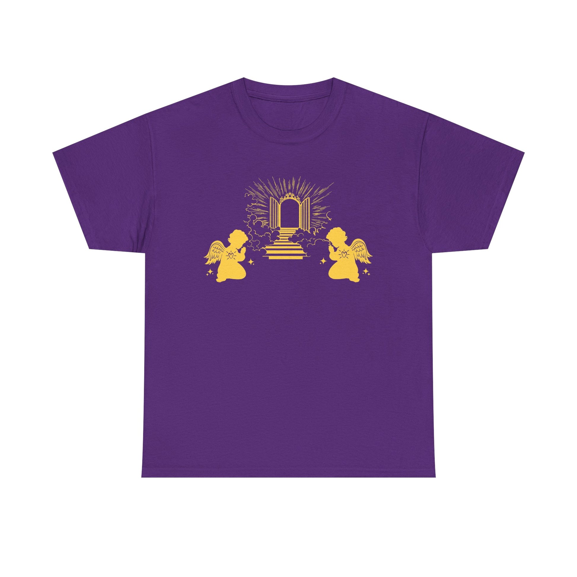 Purple t-shirt with two gold angels praying at Heaven's Gate design on a white background