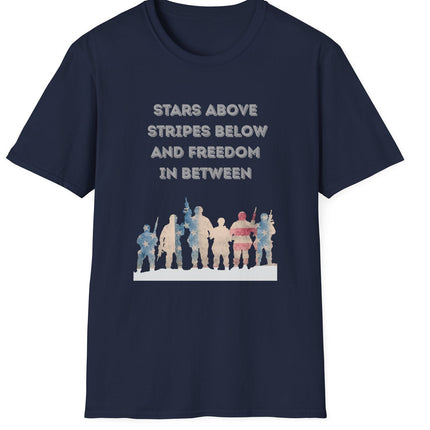 Navy Blue t-shirt with Red white and blue military troupe graphic design and text stating Stars Above Stripes Below and Freedom In Between on a white background