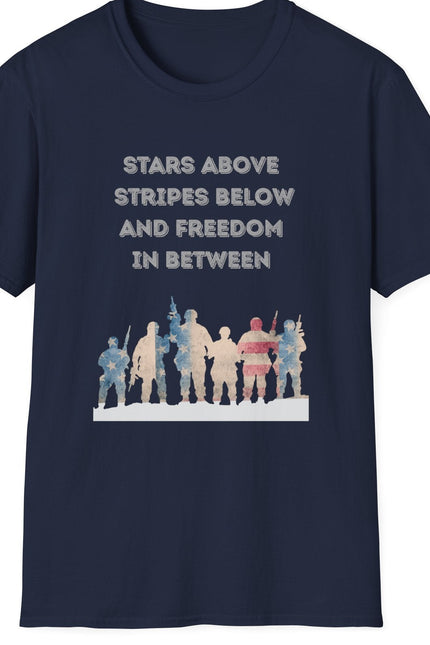 Navy Blue t-shirt with Red white and blue military troupe graphic design and text stating Stars Above Stripes Below and Freedom In Between on a white background