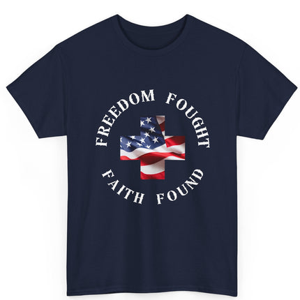 Navy blue t-shirt with American flag design and text on a white background