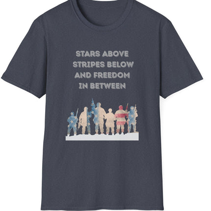 Gray t-shirt with Red white and blue military troupe graphic design and text stating Stars Above Stripes Below and Freedom In Between on a white background