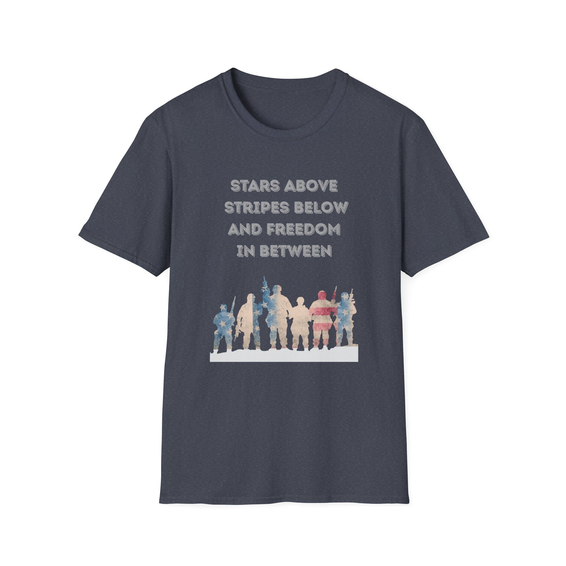 Gray t-shirt with Red white and blue military troupe graphic design and text stating Stars Above Stripes Below and Freedom In Between on a white background