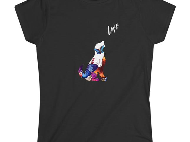 Black t-shirt with a colorful dog design and the word 'love' on a white background