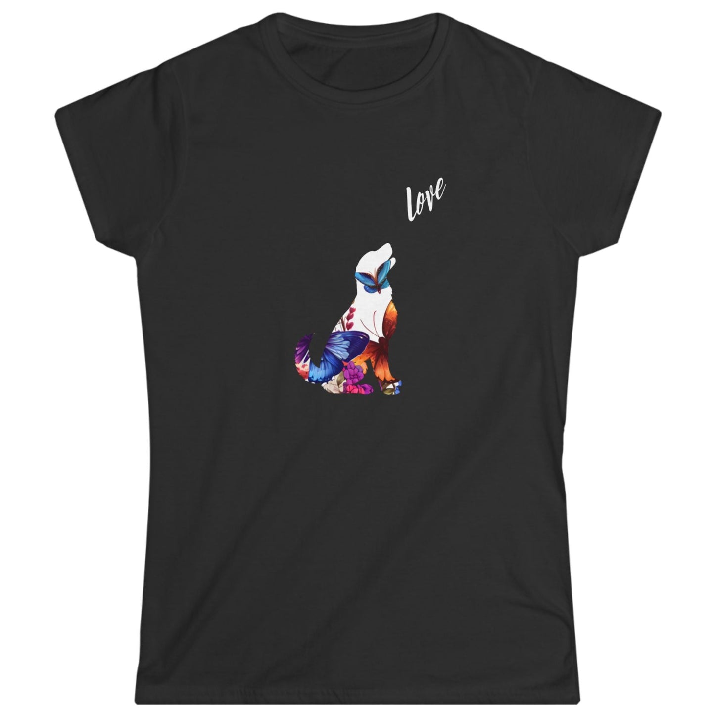 Black t-shirt with a colorful dog design and the word 'love' on a white background