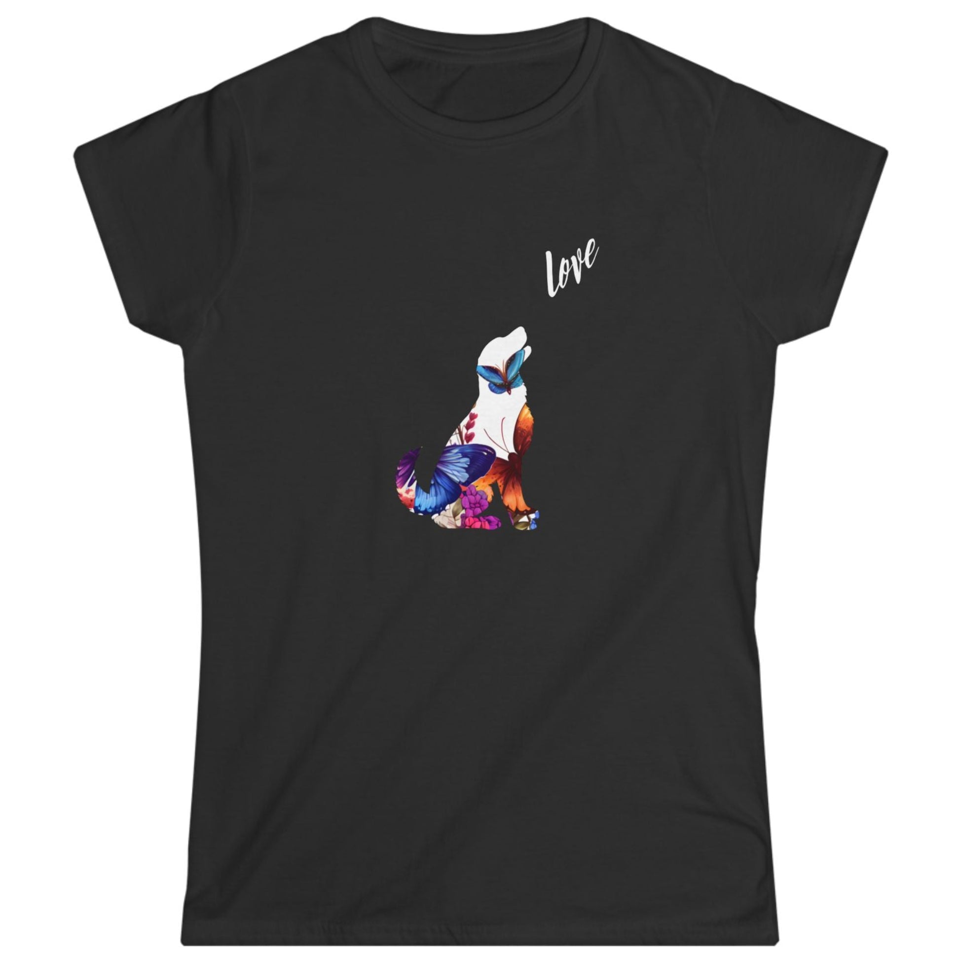 Black t-shirt with a colorful dog design and the word 'love' on a white background