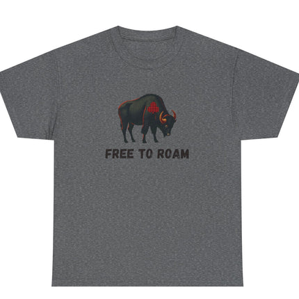 Gray t-shirt with a graphic of a bison and 'Free to Roam' text on a white background