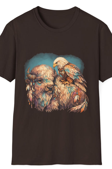 Brown t-shirt with a graphic of a bison and eagle on a white background