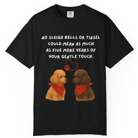 Black t-shirt with two dogs and a quote on a white background