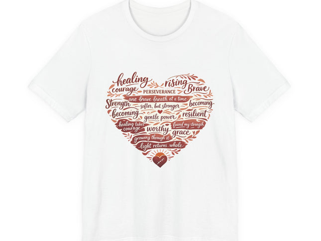 White t-shirt with red heart-shaped design and motivational text on a white background