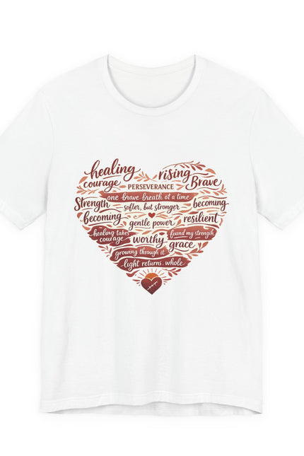 White t-shirt with red heart-shaped design and motivational text on a white background