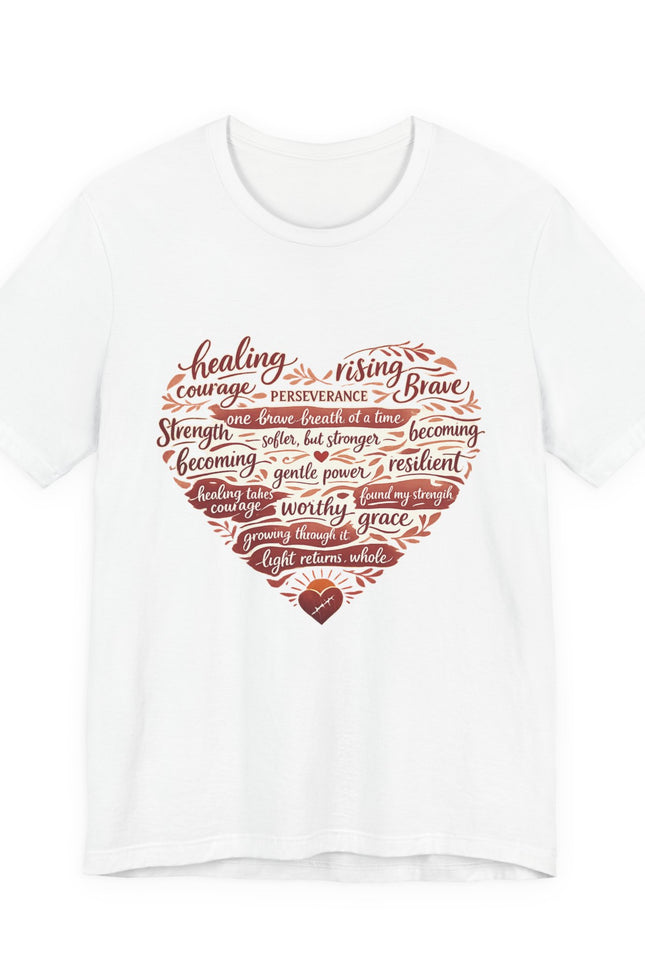 White t-shirt with red heart-shaped design and motivational text on a white background