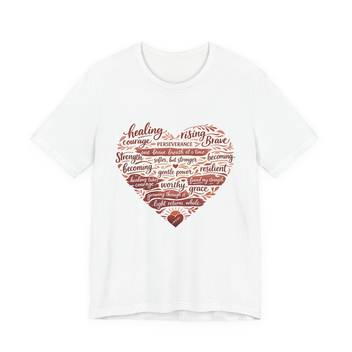White t-shirt with red heart-shaped design and motivational text on a white background