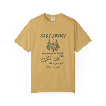 A mustard yellow short-sleeve t-shirt with a graphic on the front that reads 'SAGE ADVICE' above sage illustrations and a list of phrases like 'listen to your heart' and 'play outside'.