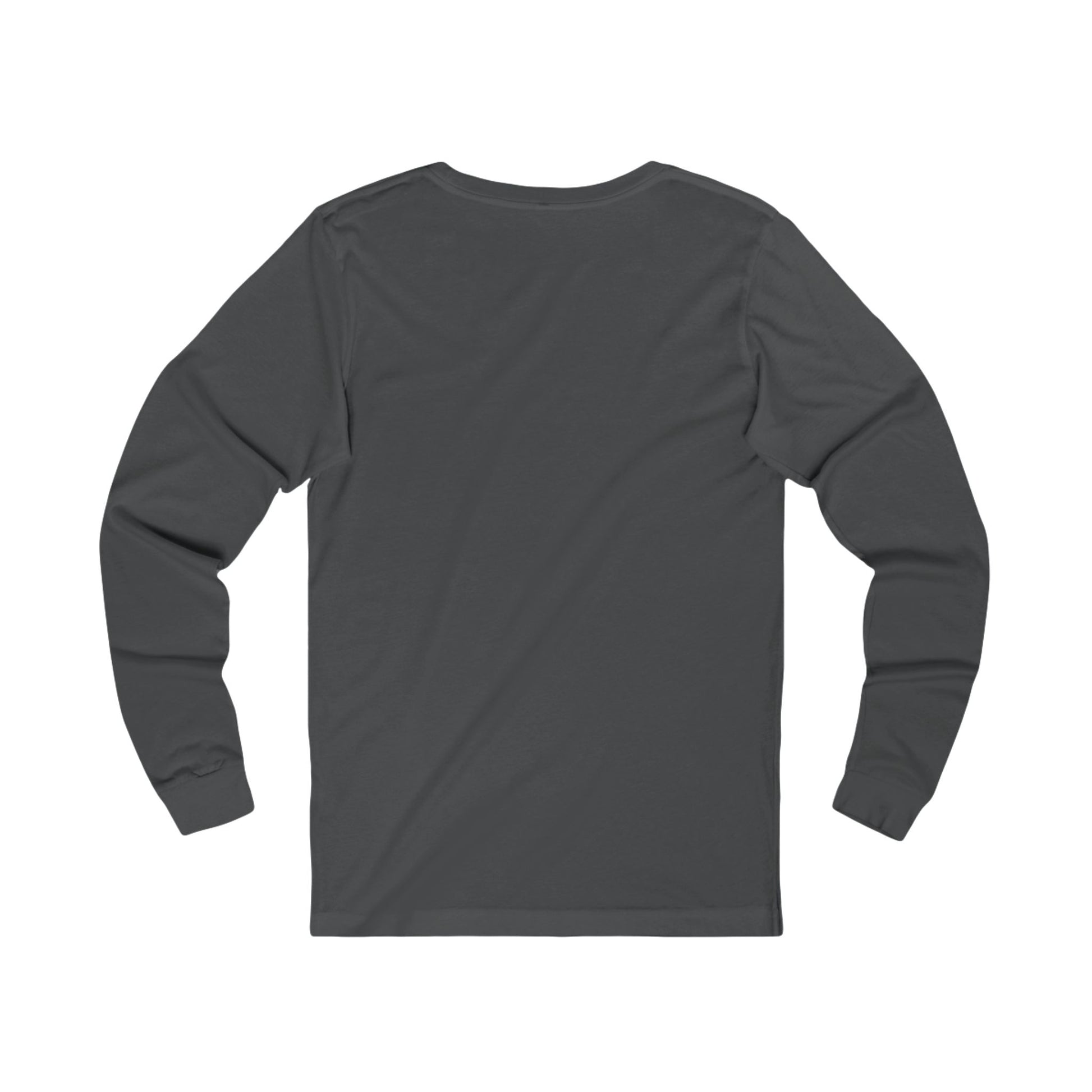 Plain back of dark gray long-sleeve shirt on a white background