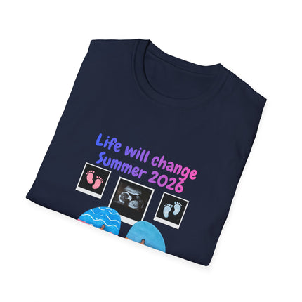 Folded navy blue t-shirt with baby-themed design and text on a white background