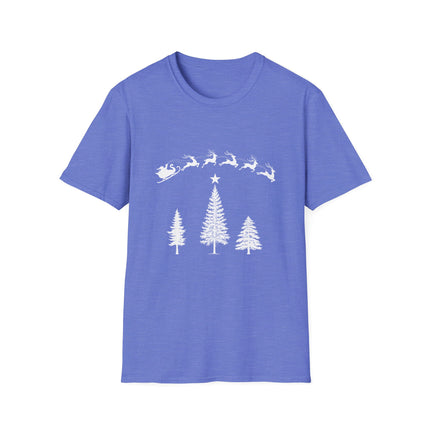 Blue T-shirt with Santa and his team flying over a stand of evergreen trees. White background.