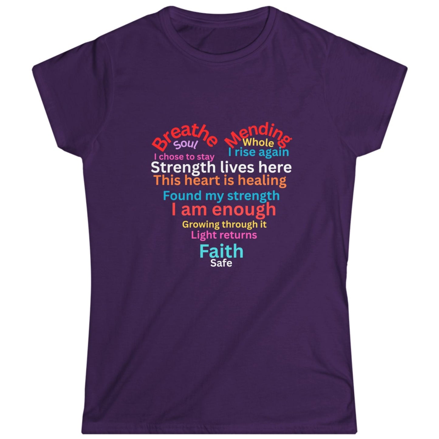 Purple t-shirt with colorful motivational suicide prevention text design shaped in a heart on a white background.