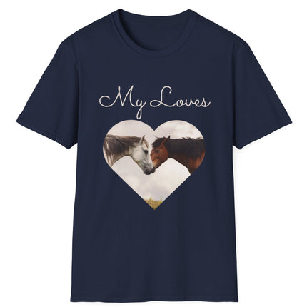 Navy T-shirt with words My Loves.  Below the words are two horses in a heart shape.