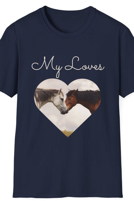 Navy T-shirt with words My Loves.  Below the words are two horses in a heart shape.