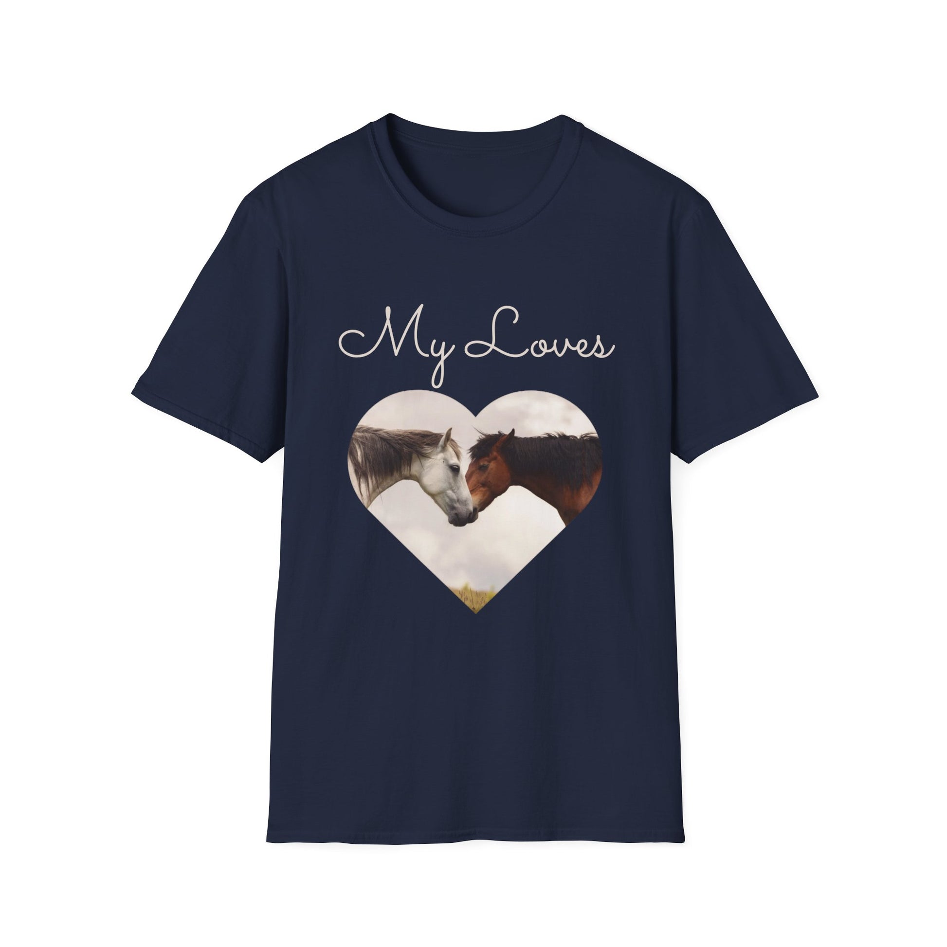 Navy T-shirt with words My Loves.  Below the words are two horses in a heart shape.