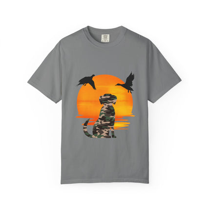 Gray t-shirt with a camouflage panther and sunset design on a white background