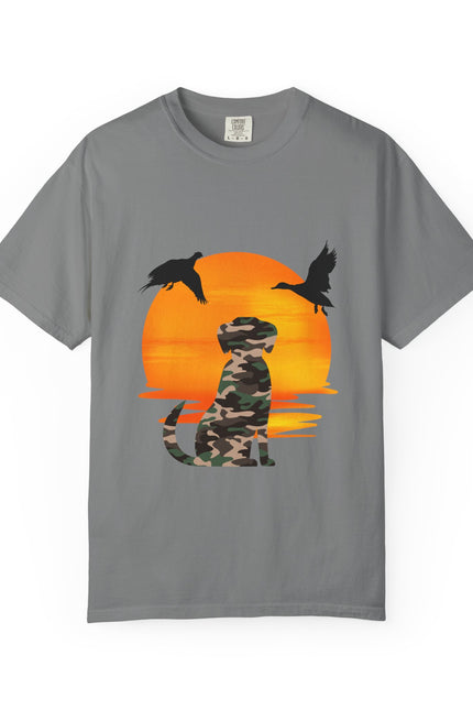 Gray t-shirt with a camouflage panther and sunset design on a white background