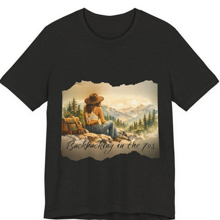 Slow, Free Peace Sign Tee 1970s Female Backpacker Retro Travel Unisex T-Shirt