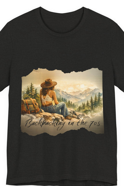 Slow, Free Peace Sign Tee 1970s Female Backpacker Retro Travel Unisex T-Shirt