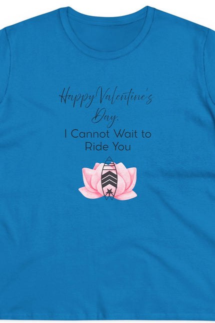 Blue t-shirt with Valentine's Day design featuring a surfboard and flower on a white background