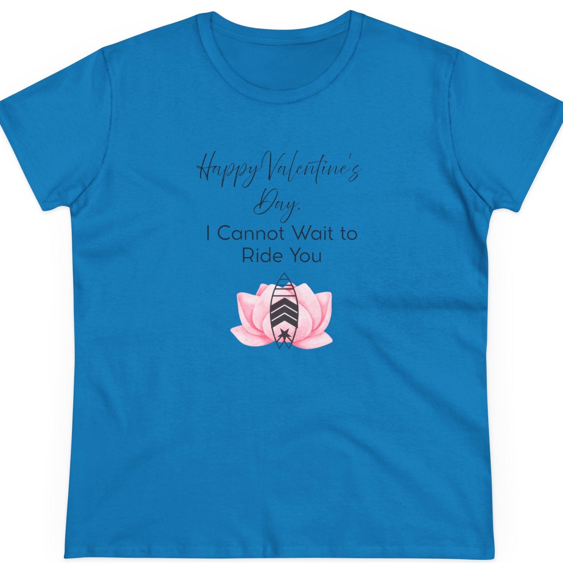 Blue t-shirt with Valentine's Day design featuring a surfboard and flower on a white background