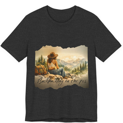 Slow, Free Peace Sign Tee 1970s Female Backpacker Retro Travel Unisex T-Shirt