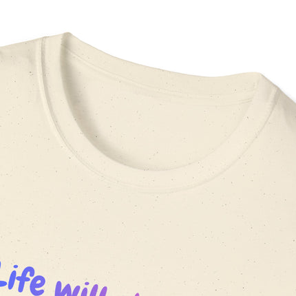 Beige fabric with 'life will' text in purple on a white background