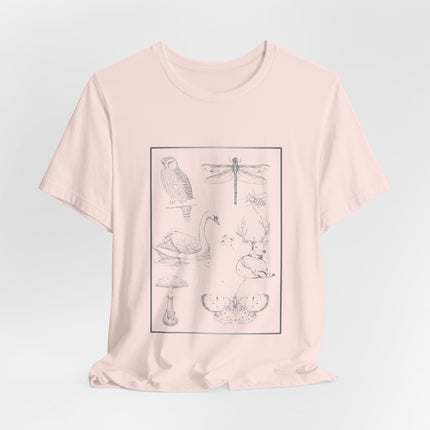 A light pink short-sleeve crewneck t-shirt featuring a black line art graphic print of various nature illustrations (owl, dragonfly, swan, deer, mushroom, bird) inside a thin rectangular border, displayed on a light gray background.