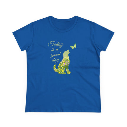 Blue t-shirt with a dog and butterfly graphic and text 'Today is a good day' on a white background