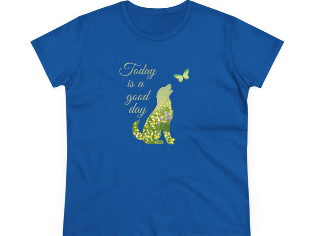 Blue t-shirt with a dog and butterfly graphic and text 'Today is a good day' on a white background