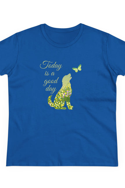 Blue t-shirt with a dog and butterfly graphic and text 'Today is a good day' on a white background