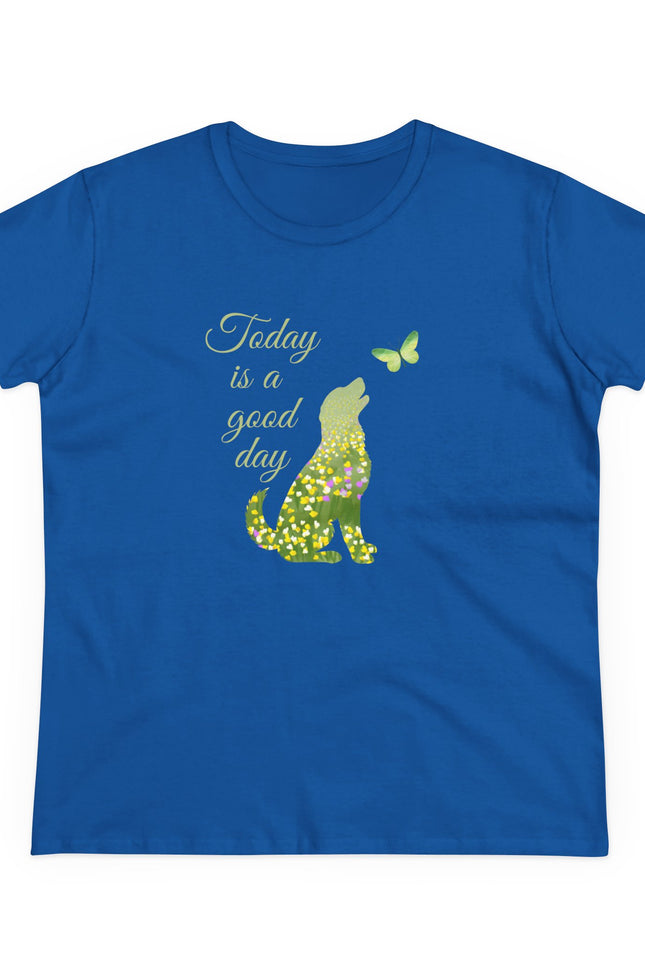 Blue t-shirt with a dog and butterfly graphic and text 'Today is a good day' on a white background