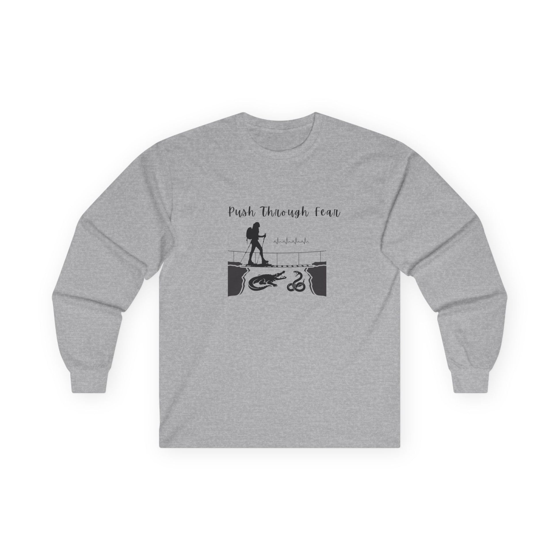 Gray long sleeved tee with black graphic showing hiker going over bridge with alligator and snake. Text states "Push through Fear."