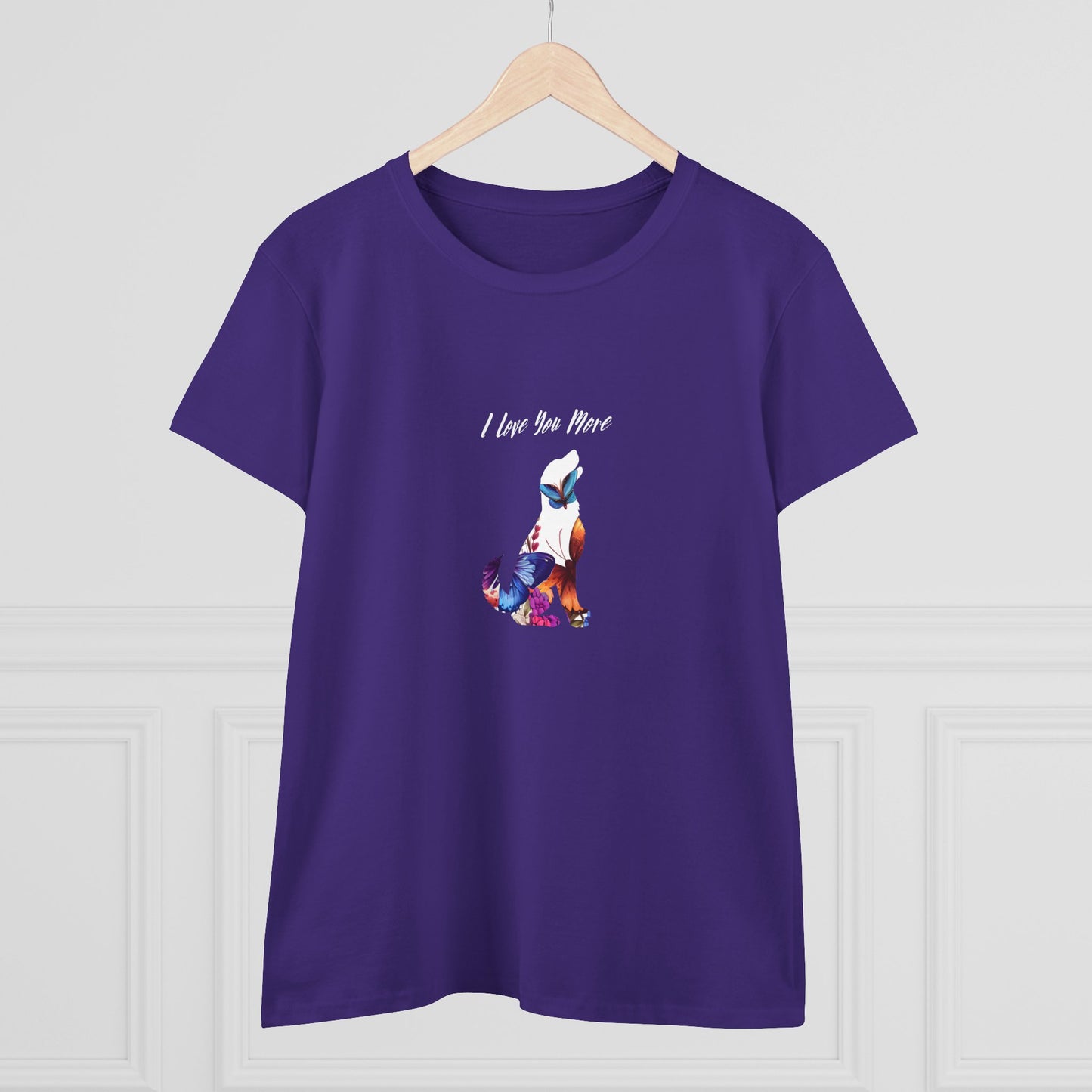 Purple t-shirt with a colorful fox design and 'I Love You More' text on a white background