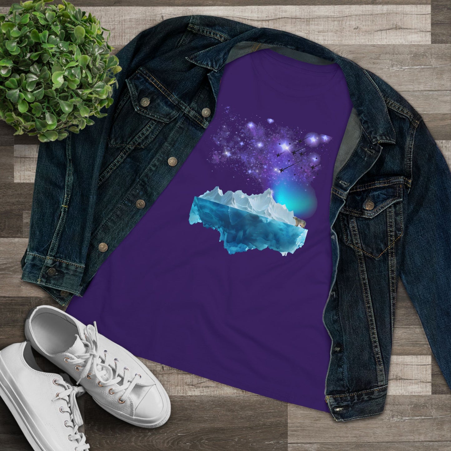 Northern Lights Polar Bear Tee Aurora Sky & Iceberg Women's Cotton T-Shirt