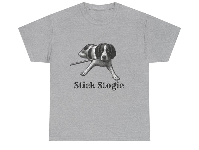 A heather gray short-sleeve crewneck t-shirt featuring a black and white graphic of a dog proudly chewing a stick, with the text 'Stick Stogie' printed below.