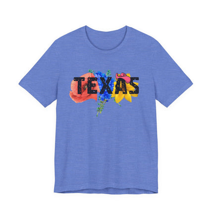 Blue t-shirt with 'Texas' design featuring flowers on a white background