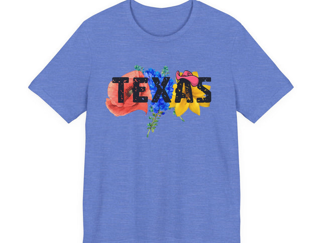 Blue t-shirt with 'Texas' design featuring flowers on a white background