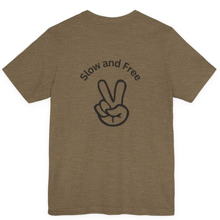 Slow, Free Peace Sign Tee 1970s Female Backpacker Retro Travel Unisex T-Shirt