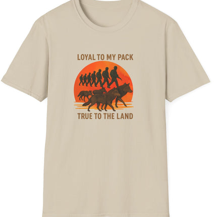 Sandy t-shirt with graphic design of soldiers and wolves. Text states Loyal to my Pack, True to the Land. 