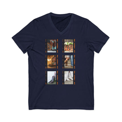 Navy blue t-shirt with six square images of people wearing cowboy boots on a white background