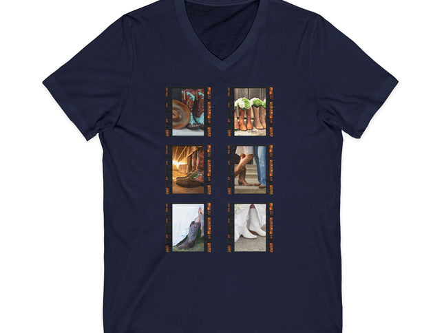 Navy blue t-shirt with six square images of people wearing cowboy boots on a white background