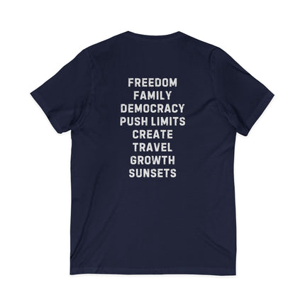 Inspiration Words V-Neck Unisex Tee — Pre and Post Retirement Motivational T-Shirt (Education • Family • Freedom)