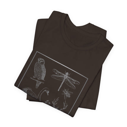 Dark t-shirt with wildlife you might see on a hike (owl, dragonfly, swan, deer, flowers, bee, mushroom, and butterfly).  With a white background
