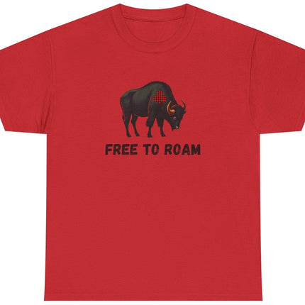 Red t-shirt with a graphic of a bison and 'FREE TO ROAM' text on a white background
